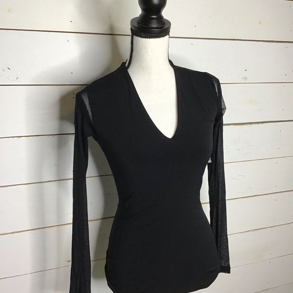 INC Deep Illusion Black Blouse V Neck Mesh Sleeve - Picture 2 of 8